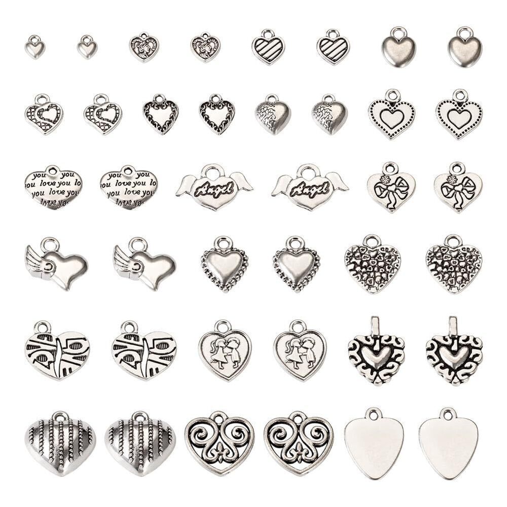1960 100Pcs Tibetan Style Heart Alloy Charms Antique Silver Heart Theme